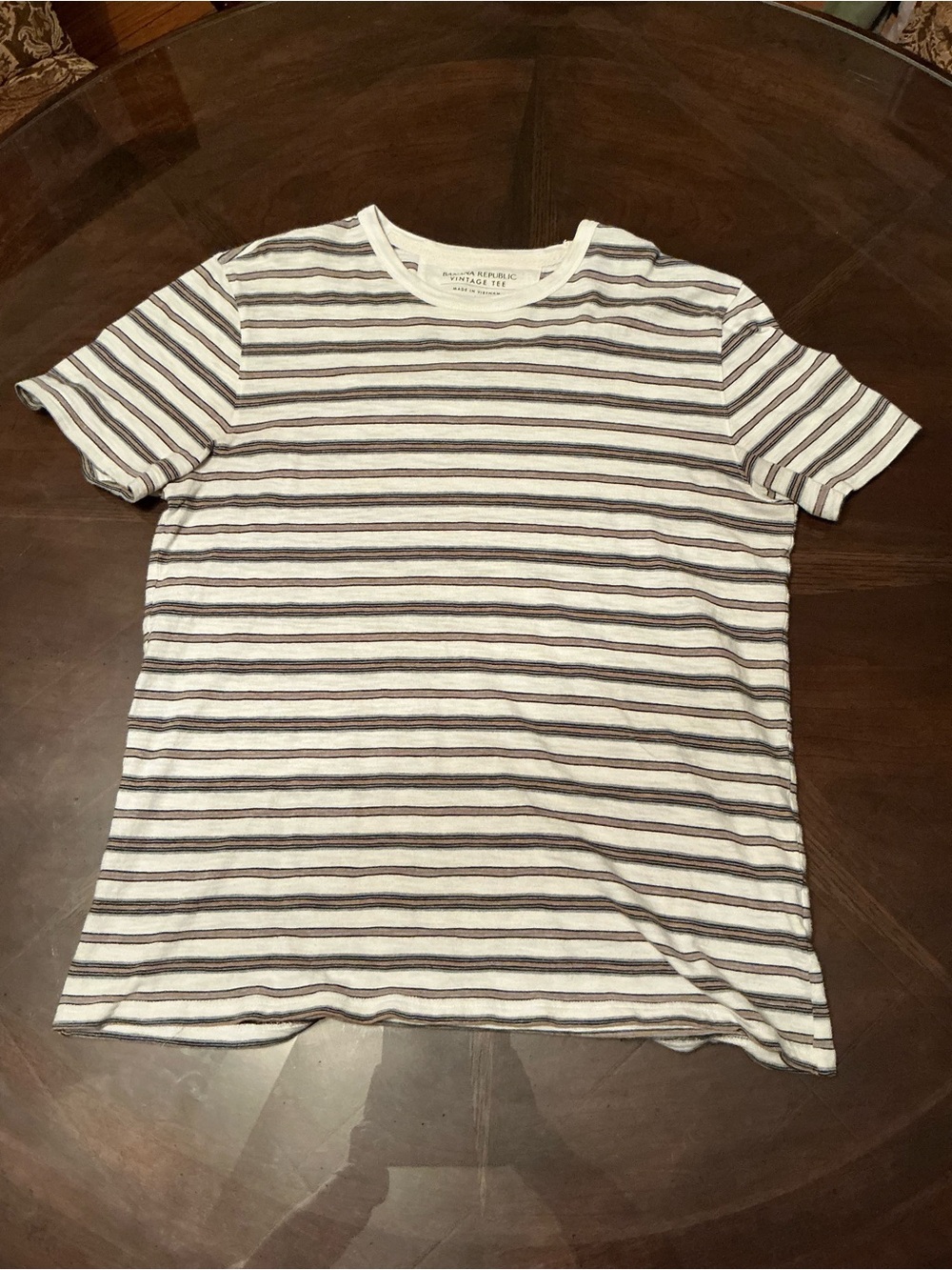 Banana Republic White and Brown Striped Short-Sleeve Crewneck Tee